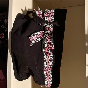 Black hand crafted black corduroy pocketbook with ribbon trim